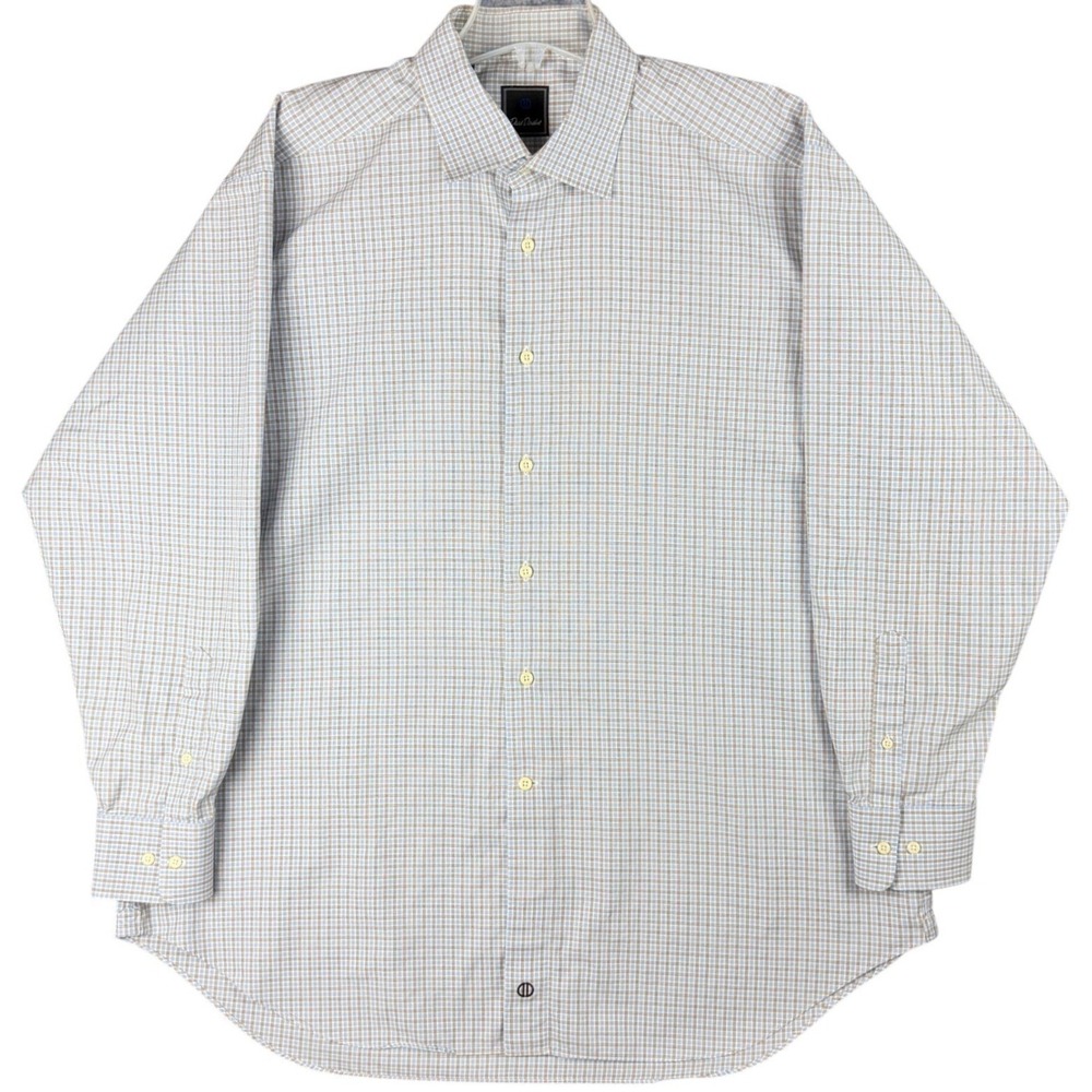 David Donahue Mens 18 34/35 Blue Brown Micro Check Cotton Button Down Work Shirt